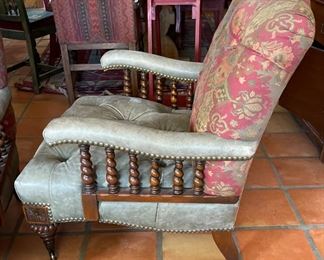 2pc Rustic Barley Twist Leather & Fabric Chairs PAIR	
