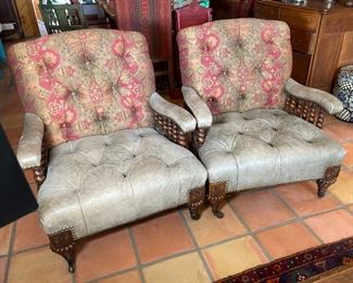 2pc Rustic Barley Twist Leather & Fabric Chairs PAIR	
