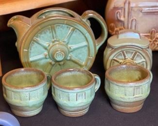 5pc Frankoma Prairie Green Wagon Wheel Teapot Sugar Set	
