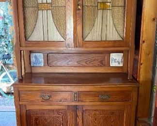 Mission Style Cabinet Stained Glass & Wood Inlay	
