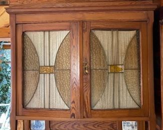 Mission Style Cabinet Stained Glass & Wood Inlay	
