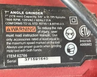 Chicago Electric 62766 7” Angle Grinder		
