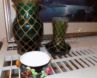 Japanese glass vases with bronze raffia trim