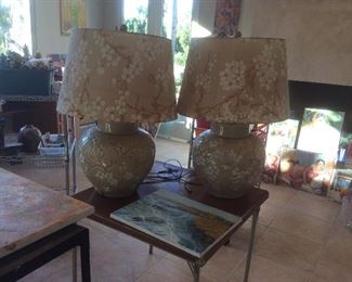 Pair of pottery lamps with cherry blossom designs