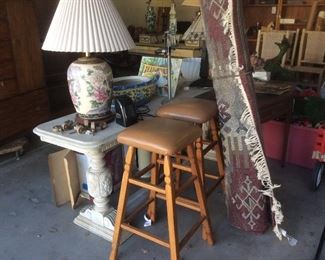 Pair of stools, rug