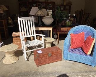 Pair of “gathered bucnch” side tables, white rocking chair, blue wicker chair that needs some love, small wicker chest