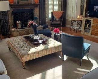 Huge decorative ottoman with overside wooden tray, silver centerpiece 