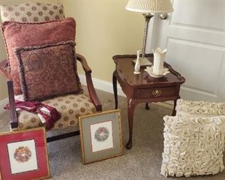 Fine cherrywood armed upholstered chair with matching side table, lamp, lenox, designer pillows