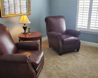 Leather nailhead armchairs,  cherry wood round nesting table, lamp, mirror and more