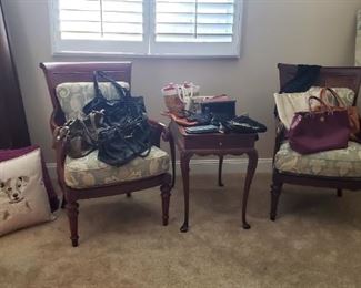 Very high-end wooden chairs with like new upholstered bottoms & backs, cherrywood nesting table 