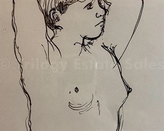 Pen and ink drawing of nude figure. Signed on back Barbara Daniell