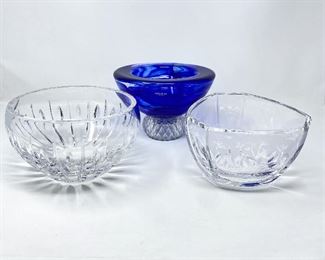 Lot of three bowls: Kosta Boda cobalt blue; Tiffany & Co etched birds of paradise; Marquis by Waterford.
