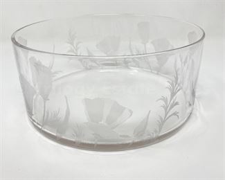 Signed Mary Bayard White Flower Art Glass Bowl With Etched Flowers