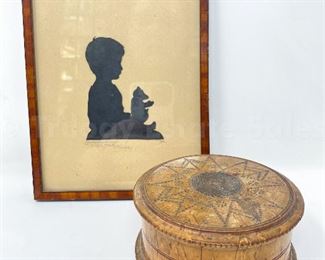 1925 silhouette of child with bear; turned wood box.