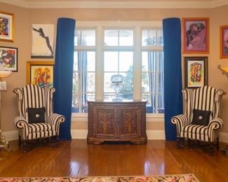 Bottom right artwork is the only artwork in this photo for sale. Lamp on right not for sale.