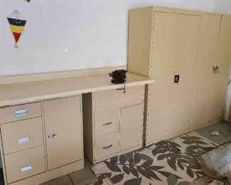 Garage Bench and Metal Storage Cabinets