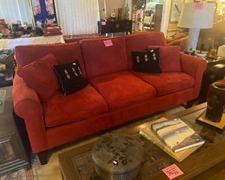 Nice Suede red sofa and matching pair of red arm chairs