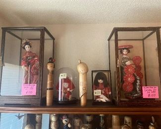 Geisha dolls in case and whole Curio full of Kokeshi dolls! All are unique and genuine. 