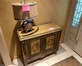 Small narrow cabinet and Frederick Cooper Lamp