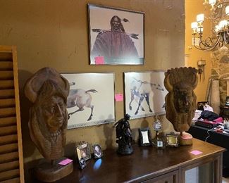 Signed Lithograph framed art, Hand carved Indian head busts