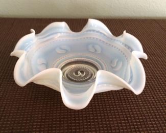 Vintage white opalescent carnival glass ruffled bowl.