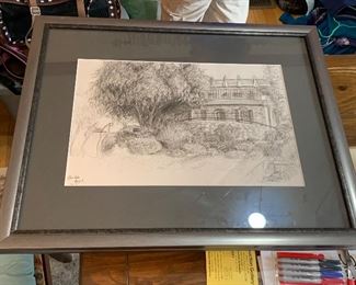 Framed sketching of a building in Greenville, SC