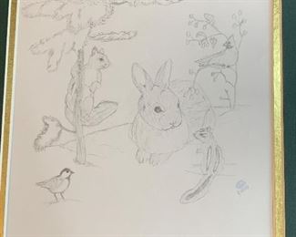 Framed illustrations - sketches of animals