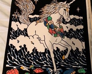 Vintage velvet unicorn art - is his name Elvis?