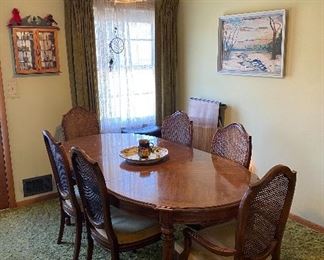 Dining Table w/ Leaf & Table Covers Plus Six Cane-Back Chairs 