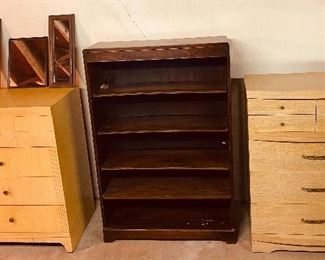 Blonde MCM Chests of Drawers, Bookshelf, Mirrors