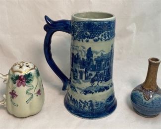 Ironstone Beer Mug Stein (approx. 8.5” tall) Antique Shaker & Artist Signed Bud Vase 