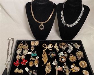 Sterling Necklace (Center, Top); Vintage Earrings, Brooches, Pins 