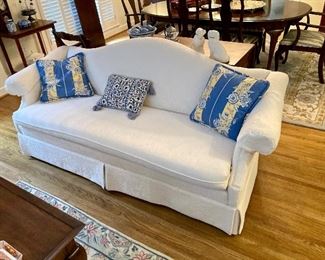 Antique Chippendale sofa newly upholstered in white quilted matelasse fabric