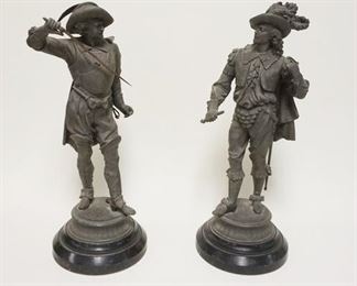 1001	2 ANSONIA VICTORIAN CAST METAL CLOCK STATUES, DON CEASER & DON JUAN, DON JUAN SWORD IS BROKE APP. 21 IN H 
