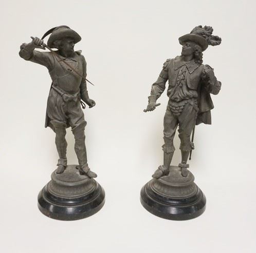 1001	2 ANSONIA VICTORIAN CAST METAL CLOCK STATUES, DON CEASER & DON JUAN, DON JUAN SWORD IS BROKE APP. 21 IN H 
