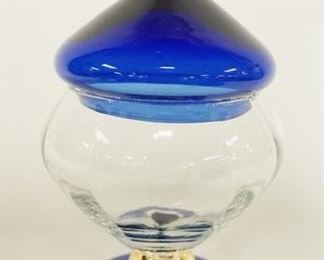 1006	COVERED FOOTED COMPOTE COBALT BASE W/ GOLD RIM & RIBBED CLEAR GLASS CENTER APP. 9 IN H 
