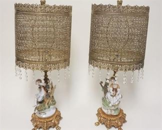 1012	FIGURAL TABLE LAMPS W/ UNUSUAL PIERCED METAL SHADES & BRASS BASE THAT IS FOOTED W/ CHERUBS APP. 25 IN H 
