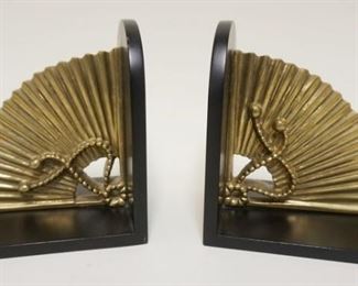 1015	SOLID BRASS FAN BOOKENDS MOUNTED ON WOODEN SIDES APP. 8 IN X 7 IN 
