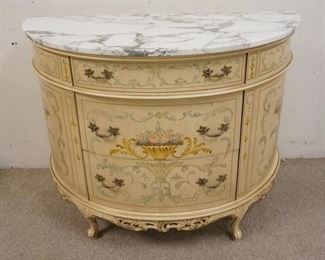 1023	PAINT DECORATED ITALIAN DEMILUNE, MARBLE TOP, APPROXIMATELY 44 IN WIDE X 20 IN DEEP X 34 IN HIGH
