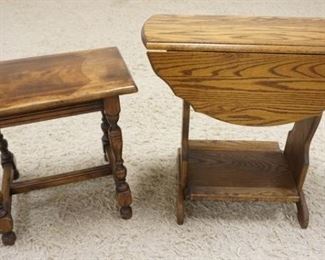 1034	WALNUT SPLAY LEGGED BENCH & SMALL DROP LEAF OAK STAND.
