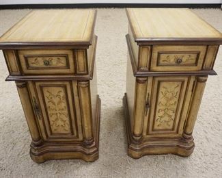 1036	PAIR OF PAINT DECORATED ONE DOOR ONE DRAWER BED SIDE STANDS. APP. 16 IN W X 20 IN DEEP X 31 IN H 
