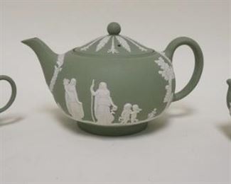 1067	GREEN JASPER WEDGWOOD ENGLAND TEASET, TEAPOT W/CREAMER & SUGAR
