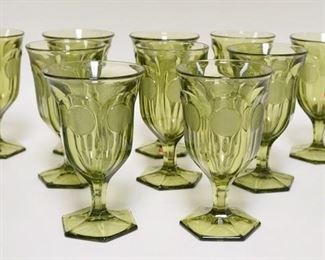1072	10 OLIVE GREEN FOSTORIA COIN GLASS GOBLETS, SLIGHT VARIATION IN HEIGHTS BETWEEN 6 1/2 IN - 6 5/8 IN H 

