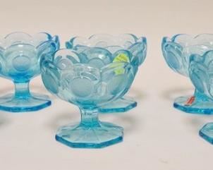 1073	8 BLUE FOSTORIA COIN GLASS JELLY DISHES 4 IN H 
