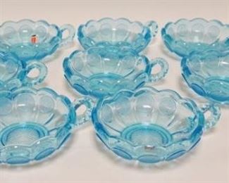 1079	10 BLUE FOSTORIA COIN GLASS SMALL CANDY DISHES 6 3/4 IN ACROSS HANDLE
