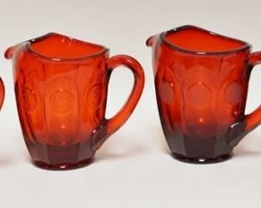 1088	4 RUBY RED FOSTORIA COIN GLASS PITCHERS, 7 IN H 

