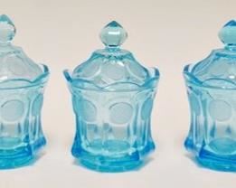 1096	5 FOSTORIA BLUE COIN GLASS CANDY JARS, APP. 7 1/4 IN H 
