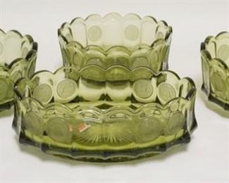 1098	4 OLIVE GREEN FOSTORIA COIN GLASS BOWLS, 3 ROUND 1 OVAL. OVAL BOWL 9 IN 
