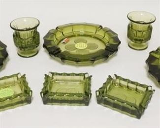 1099	OLIVE GREEN FOSTORIA COIN GLASS ASHTRAY & CIGARETTE URN LOT, LARGER ASHTRAYS 8 IN 
