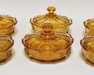 1101	6 AMBER FOSTORIA COIN CLASS LOW COVERED CANDY DISHES APP 4 1/4 IN H 
